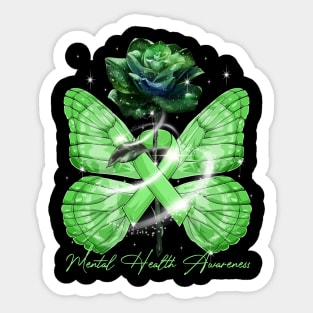 Mental Health Awareness Rose Butterfly Green Ribbon Sticker